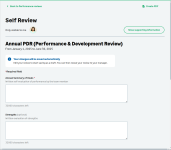 Screenshot: A team member's self review open for editing